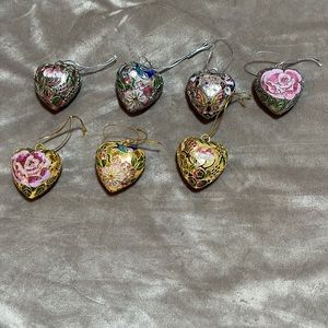 Vintage cloisonné’ heart shaped silver and gold ornaments 7 piece set Floral